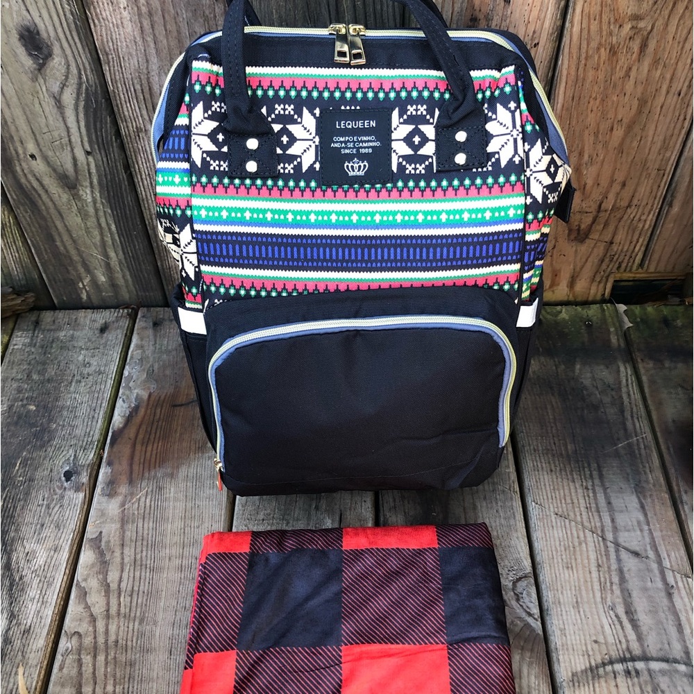 SALE! New LeQueen Diaper Bag Backpack & Buffalo Plaid Minky Dot Blanket Set